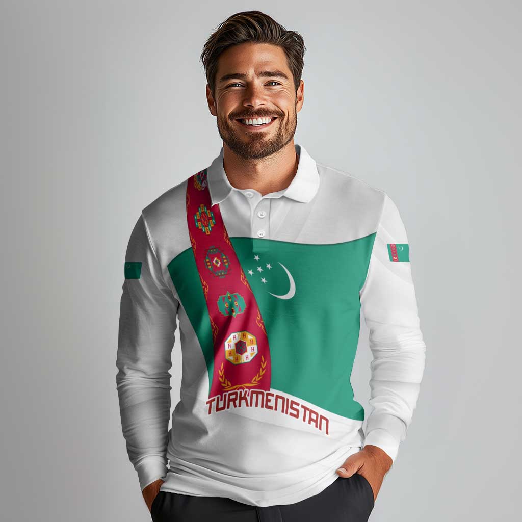 Turkmenistan Flag Long Sleeve Polo Shirt with National Emblem and Carpet Stripe Design