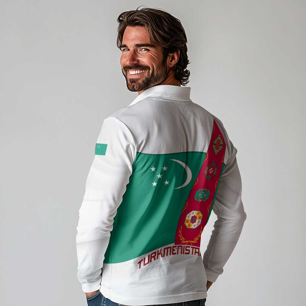 Turkmenistan Flag Long Sleeve Polo Shirt with National Emblem and Carpet Stripe Design