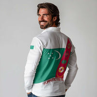 Turkmenistan Flag Long Sleeve Polo Shirt with National Emblem and Carpet Stripe Design