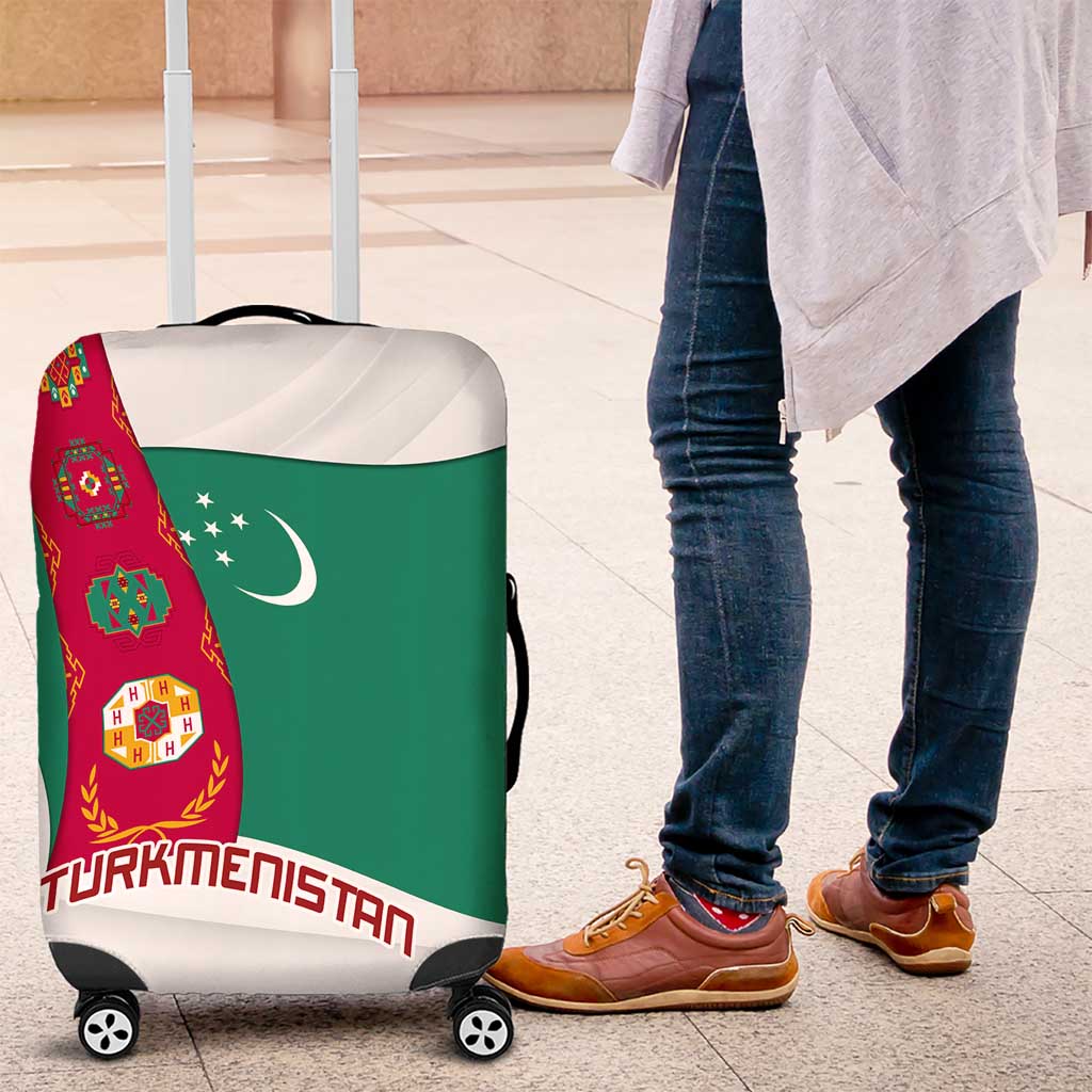 Turkmenistan Flag Luggage Cover with National Emblem and Carpet Stripe Design