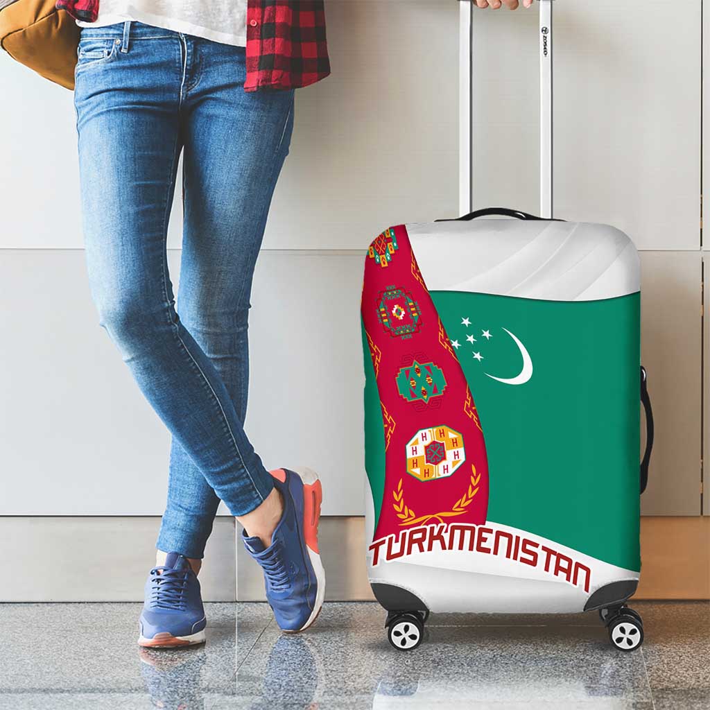 Turkmenistan Flag Luggage Cover with National Emblem and Carpet Stripe Design