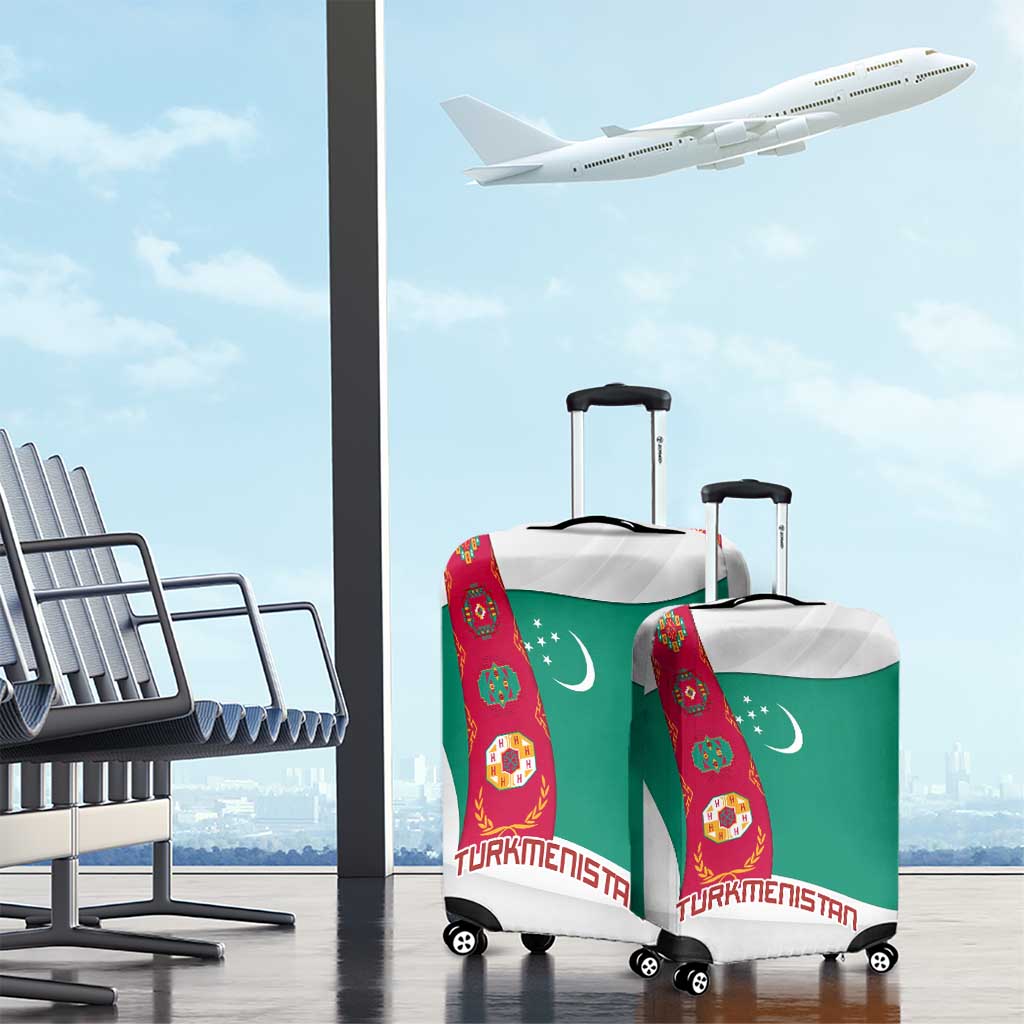 Turkmenistan Flag Luggage Cover with National Emblem and Carpet Stripe Design
