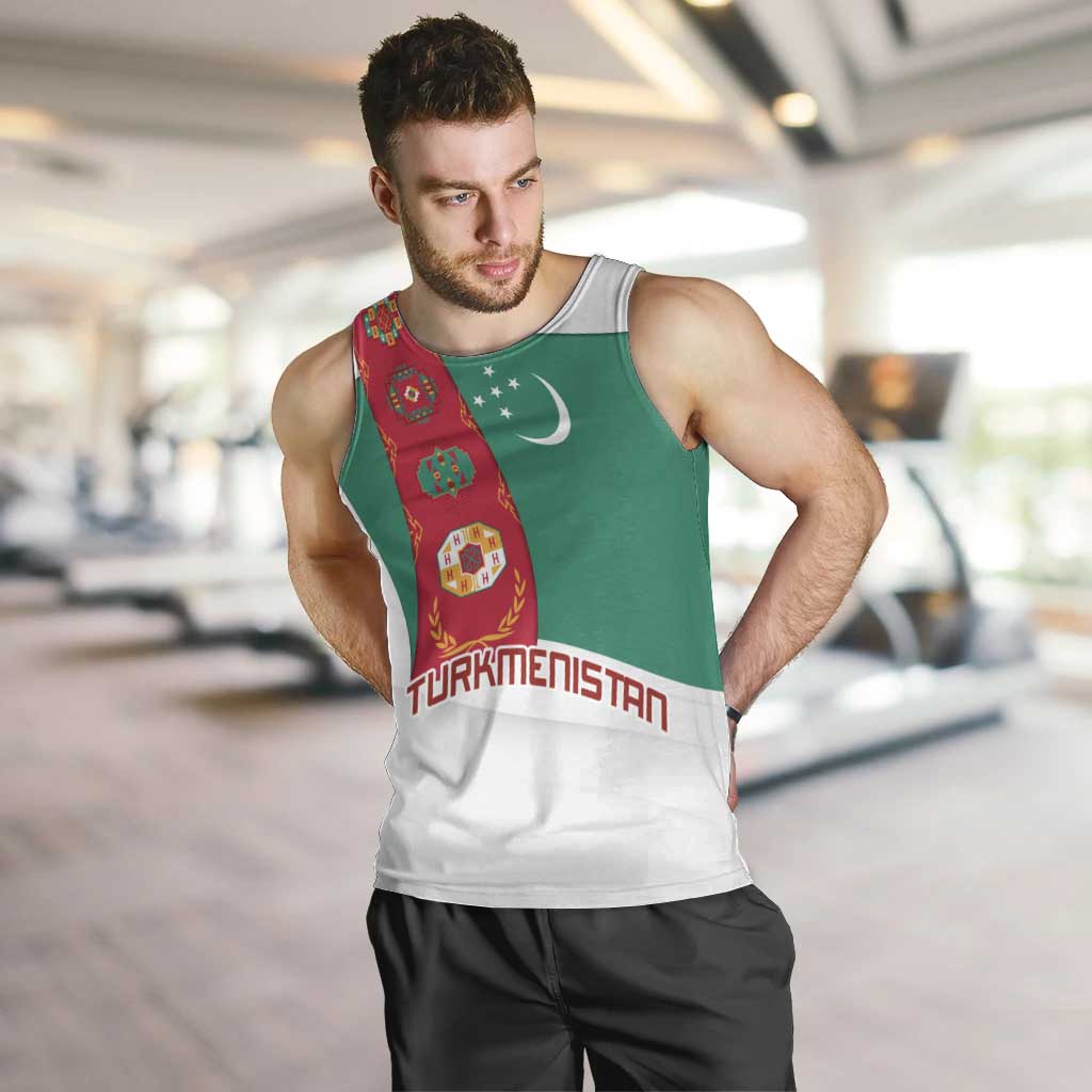 Turkmenistan Flag Men Tank Top with National Emblem and Carpet Stripe Design