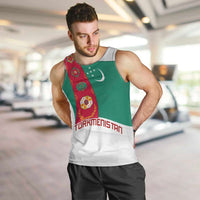 Turkmenistan Flag Men Tank Top with National Emblem and Carpet Stripe Design