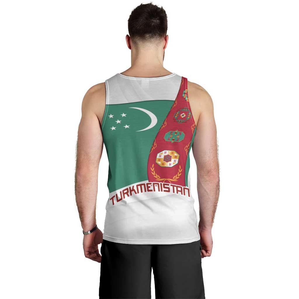 Turkmenistan Flag Men Tank Top with National Emblem and Carpet Stripe Design
