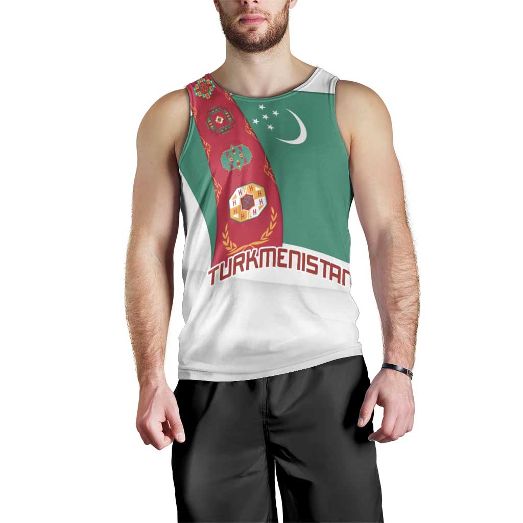 Turkmenistan Flag Men Tank Top with National Emblem and Carpet Stripe Design