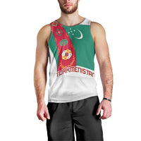 Turkmenistan Flag Men Tank Top with National Emblem and Carpet Stripe Design