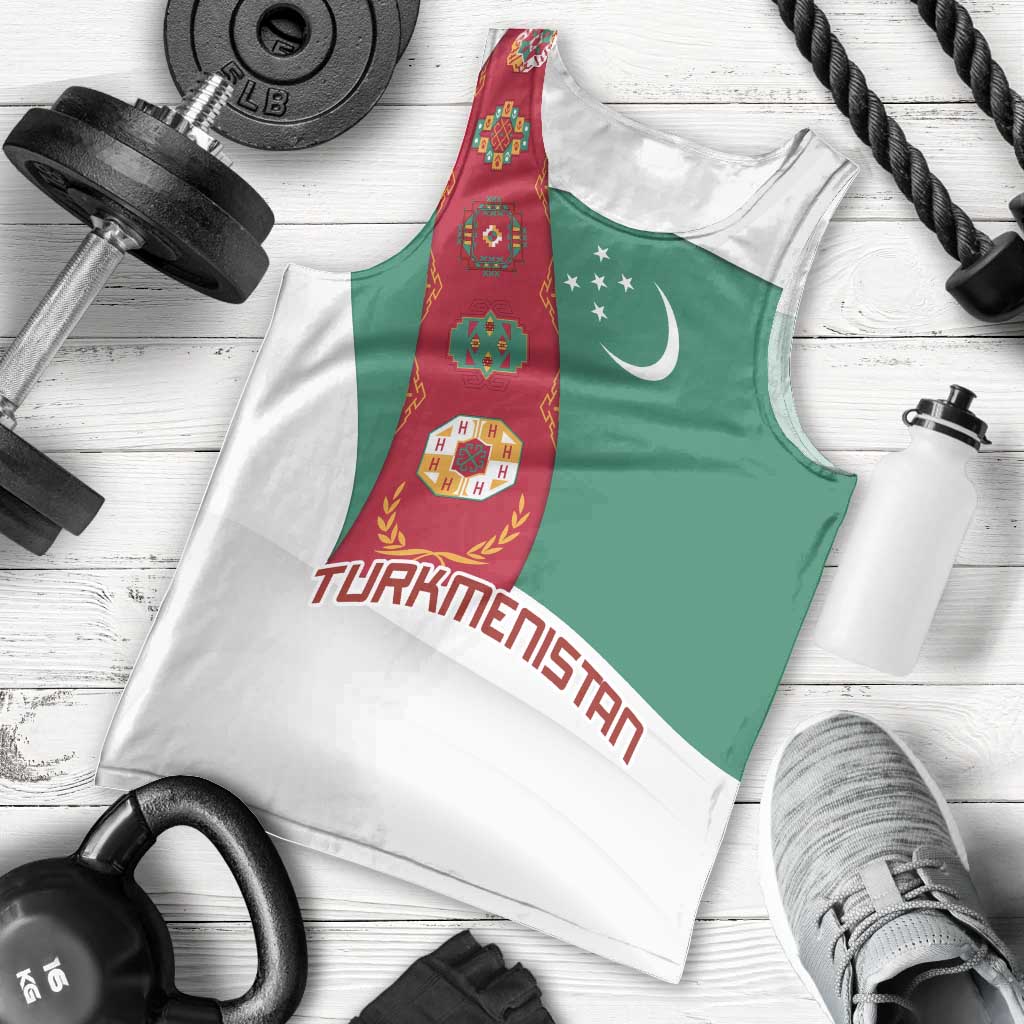 Turkmenistan Flag Men Tank Top with National Emblem and Carpet Stripe Design