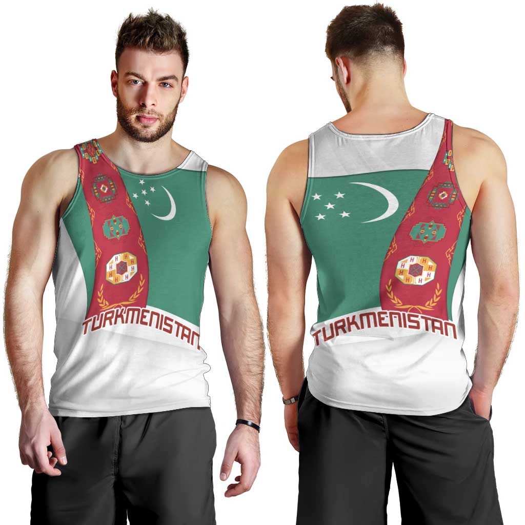 Turkmenistan Flag Men Tank Top with National Emblem and Carpet Stripe Design