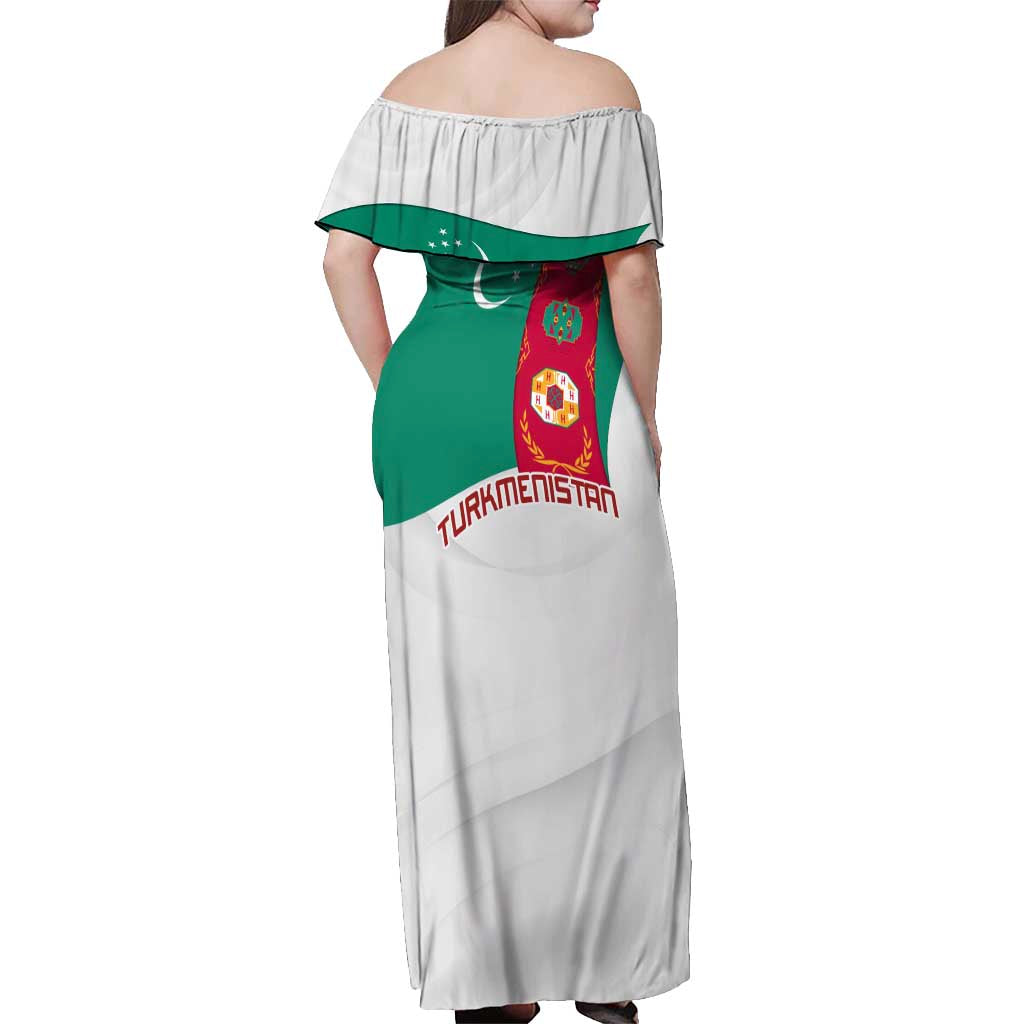 Turkmenistan Flag Off Shoulder Maxi Dress with National Emblem and Carpet Stripe Design