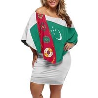 Turkmenistan Flag Off Shoulder Short Dress with National Emblem and Carpet Stripe Design