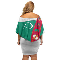 Turkmenistan Flag Off Shoulder Short Dress with National Emblem and Carpet Stripe Design