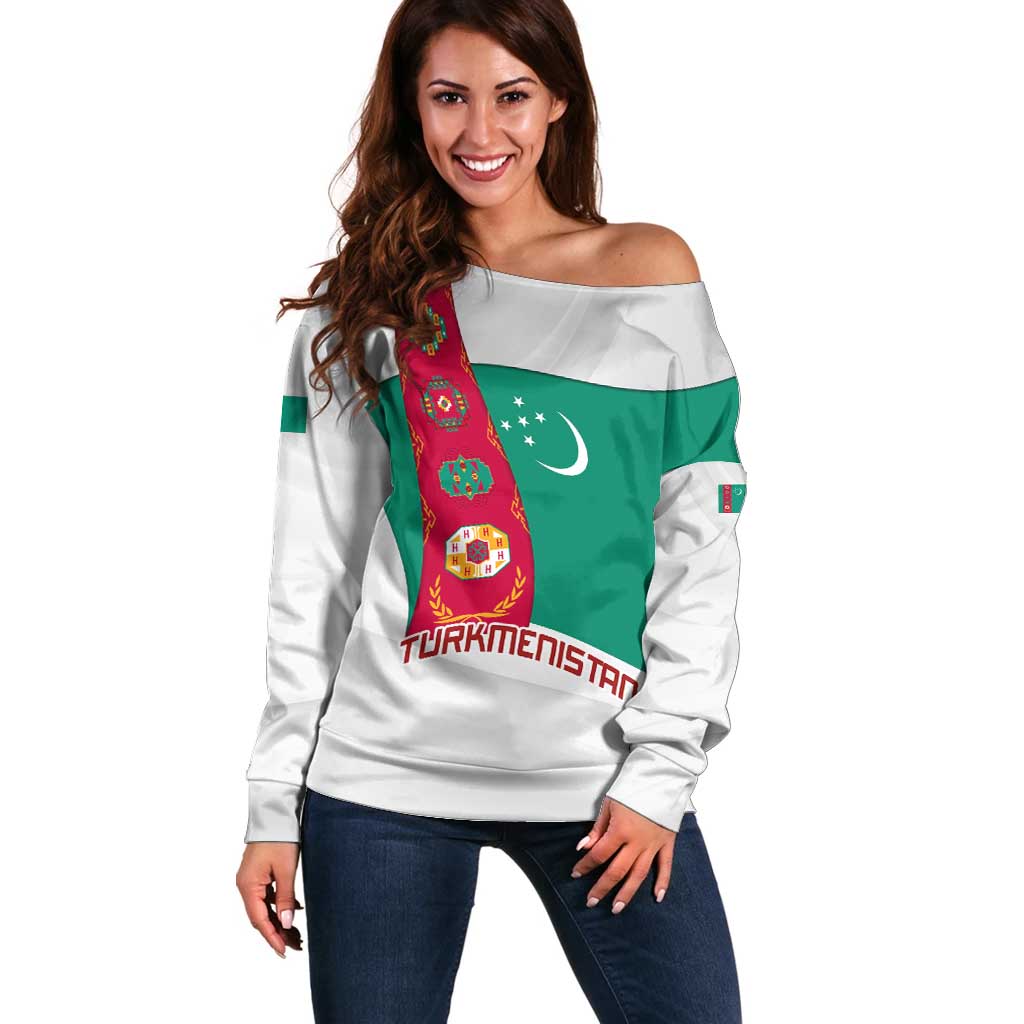 Turkmenistan Flag Off Shoulder Sweater with National Emblem and Carpet Stripe Design
