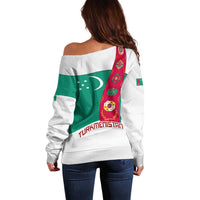 Turkmenistan Flag Off Shoulder Sweater with National Emblem and Carpet Stripe Design