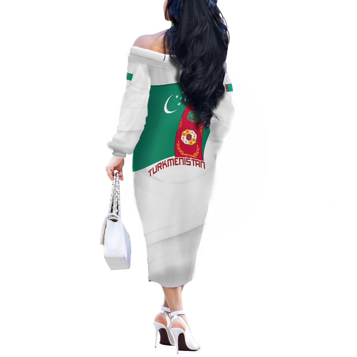 Turkmenistan Flag Off The Shoulder Long Sleeve Dress with National Emblem and Carpet Stripe Design