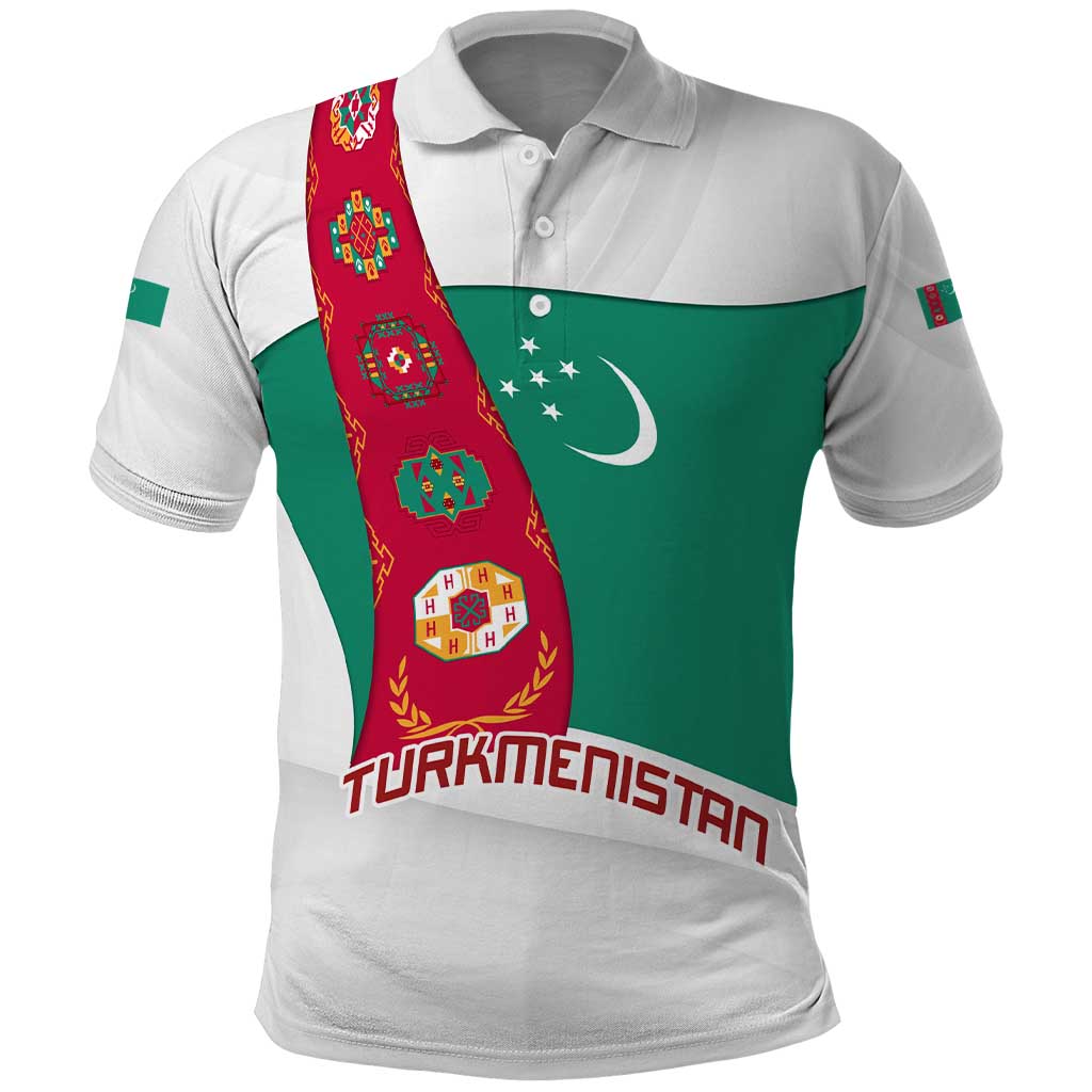 Turkmenistan Flag Polo Shirt with National Emblem and Carpet Stripe Design