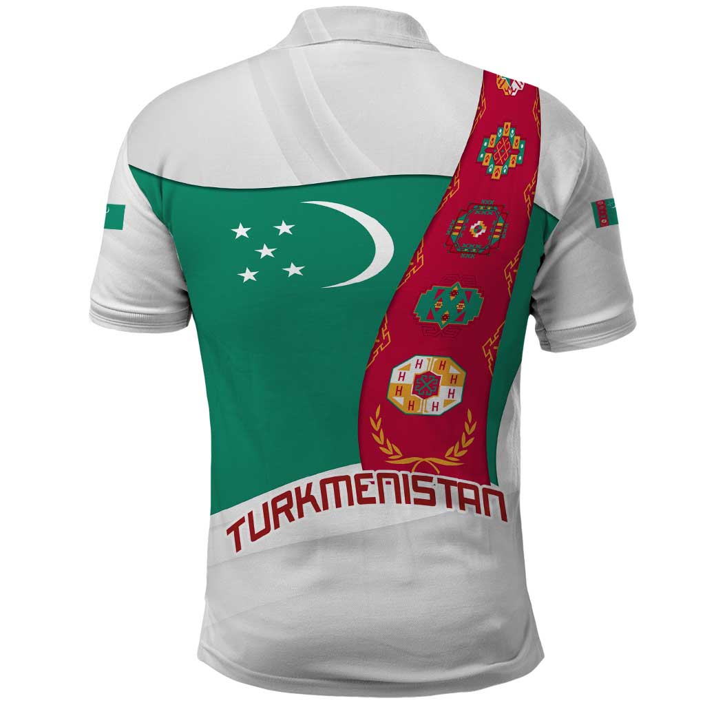 Turkmenistan Flag Polo Shirt with National Emblem and Carpet Stripe Design