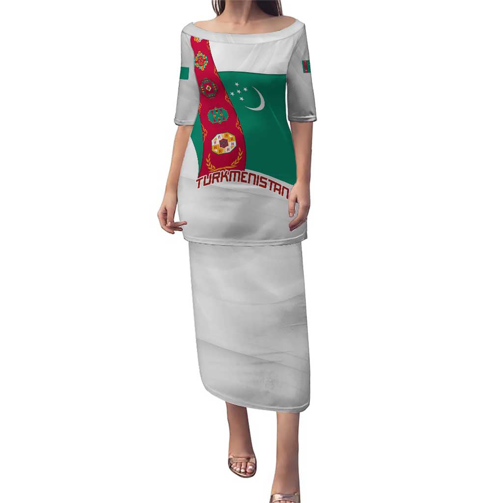 Turkmenistan Flag Puletasi with National Emblem and Carpet Stripe Design