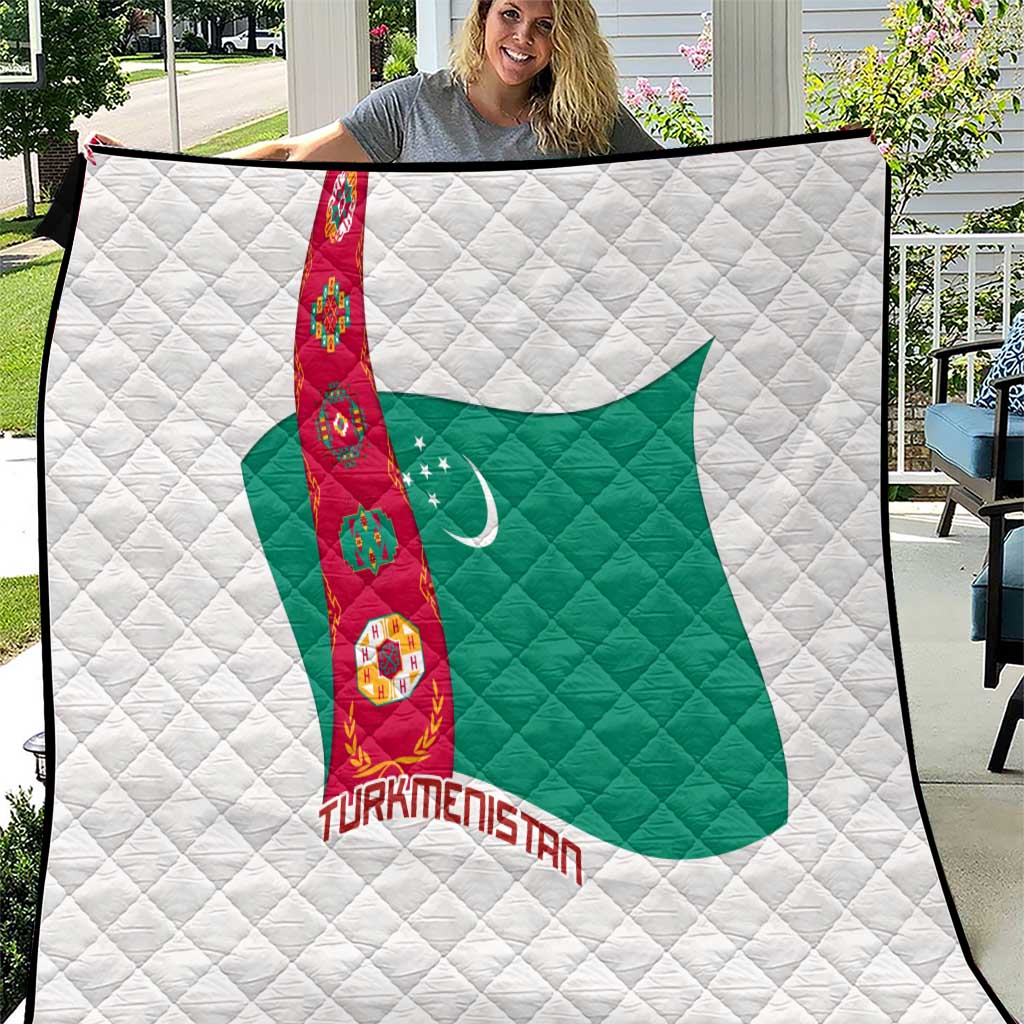 Turkmenistan Flag Quilt with National Emblem and Carpet Stripe Design