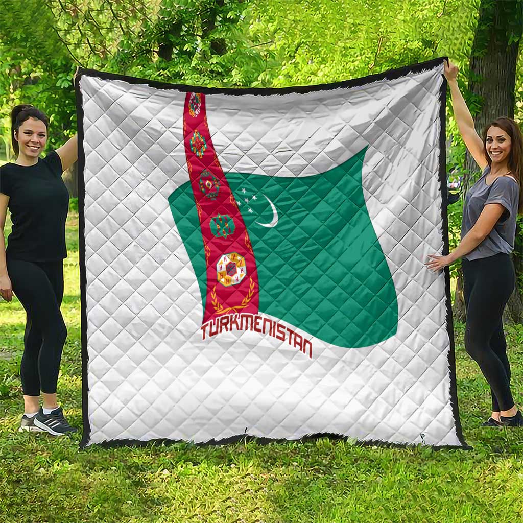 Turkmenistan Flag Quilt with National Emblem and Carpet Stripe Design