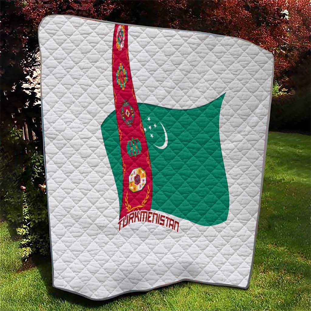 Turkmenistan Flag Quilt with National Emblem and Carpet Stripe Design