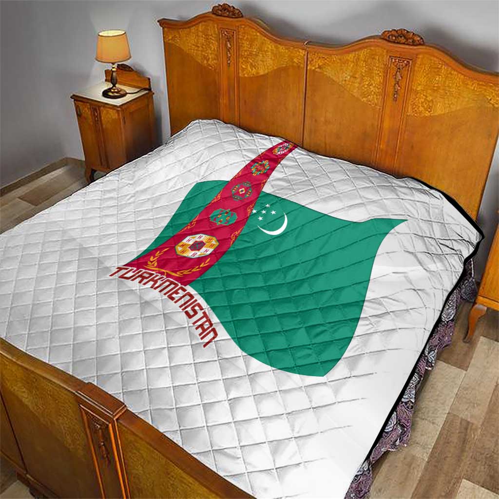 Turkmenistan Flag Quilt with National Emblem and Carpet Stripe Design