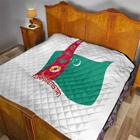 Turkmenistan Flag Quilt with National Emblem and Carpet Stripe Design