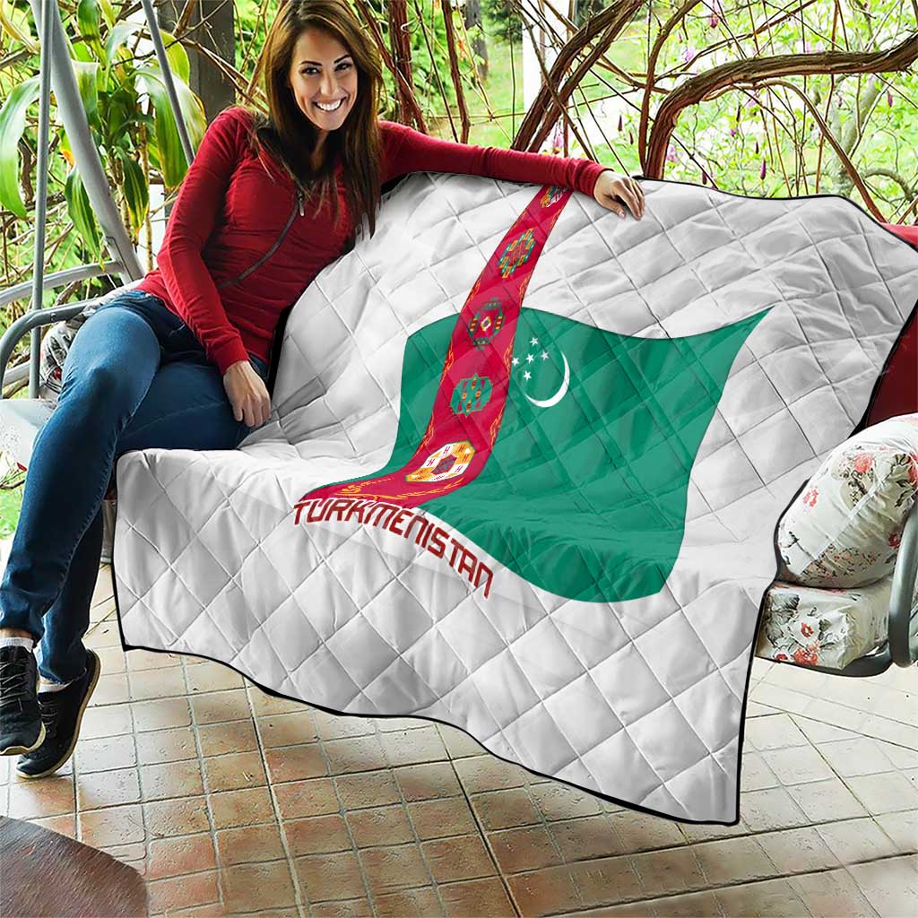 Turkmenistan Flag Quilt with National Emblem and Carpet Stripe Design
