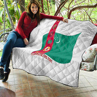 Turkmenistan Flag Quilt with National Emblem and Carpet Stripe Design