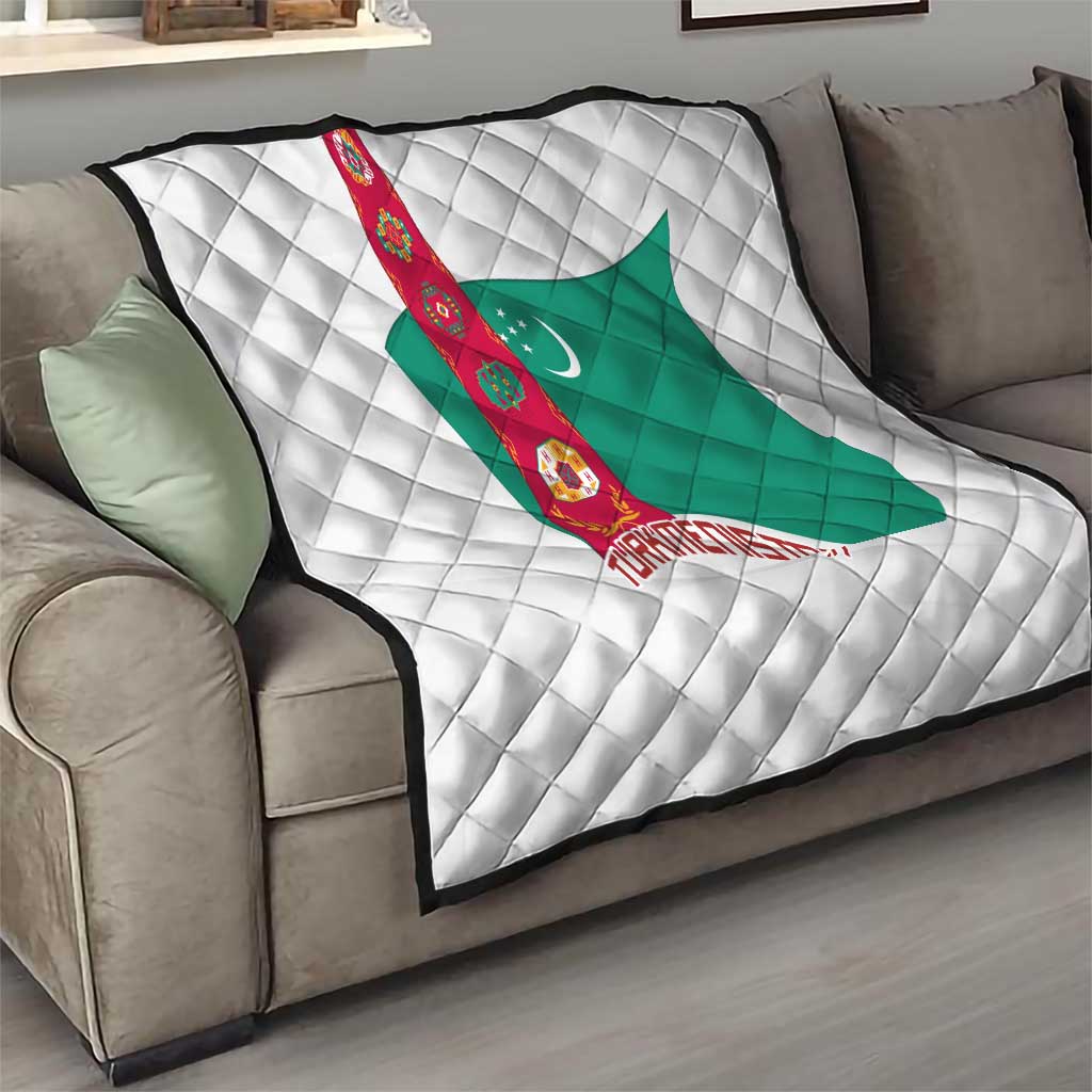 Turkmenistan Flag Quilt with National Emblem and Carpet Stripe Design