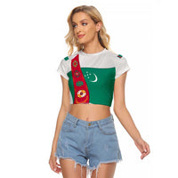 Turkmenistan Flag Raglan Cropped T Shirt with National Emblem and Carpet Stripe Design