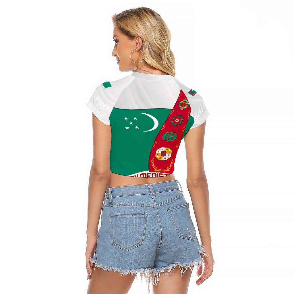 Turkmenistan Flag Raglan Cropped T Shirt with National Emblem and Carpet Stripe Design
