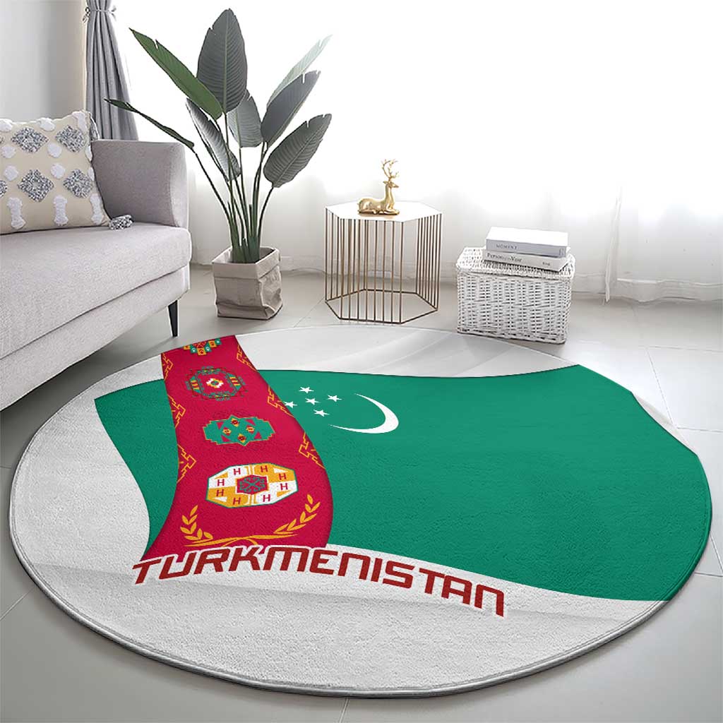 Turkmenistan Flag Round Carpet with National Emblem and Carpet Stripe Design