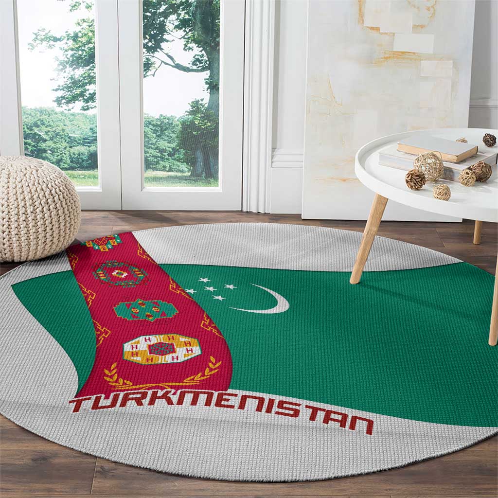 Turkmenistan Flag Round Carpet with National Emblem and Carpet Stripe Design