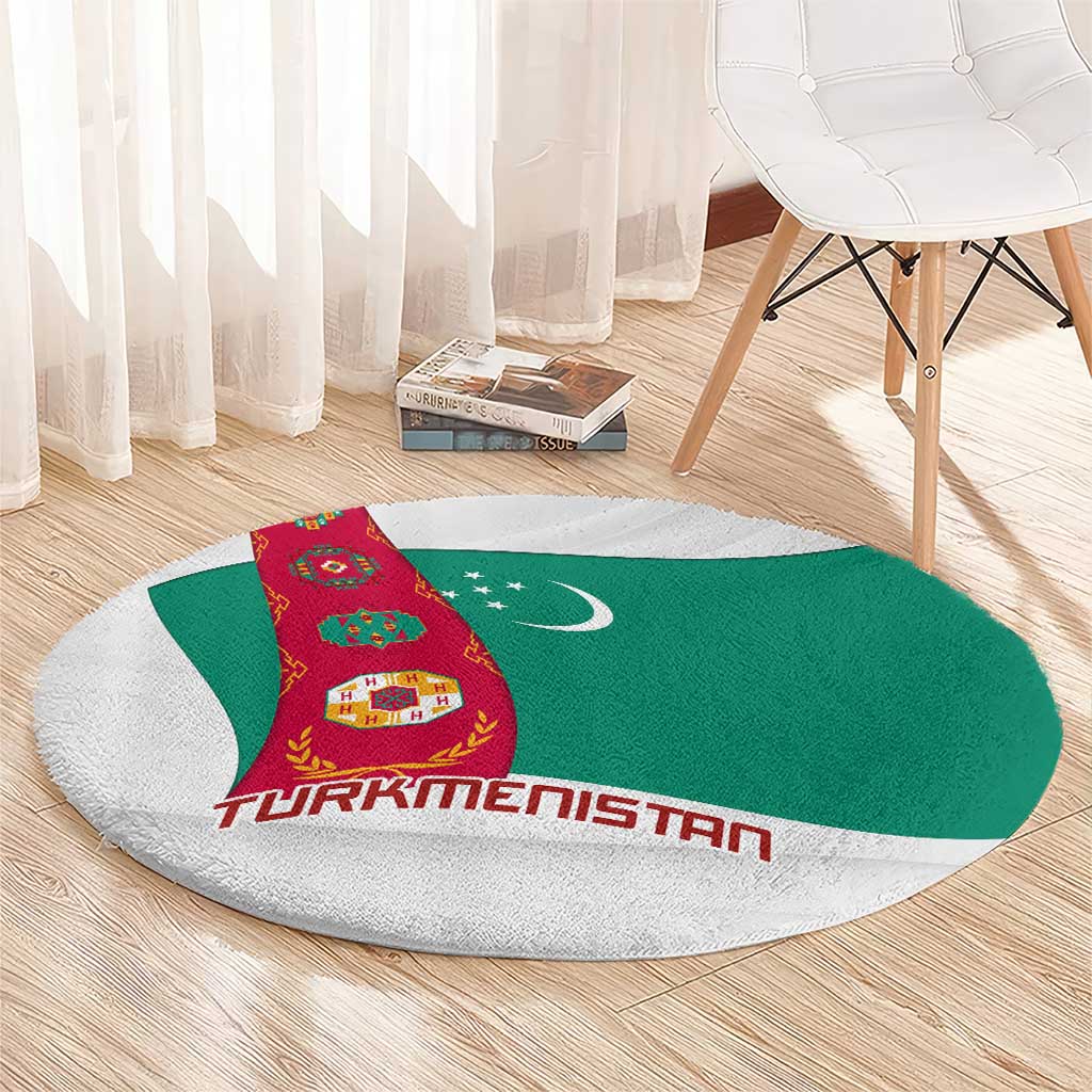 Turkmenistan Flag Round Carpet with National Emblem and Carpet Stripe Design