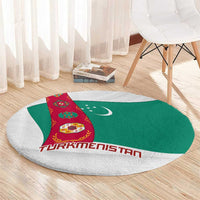 Turkmenistan Flag Round Carpet with National Emblem and Carpet Stripe Design
