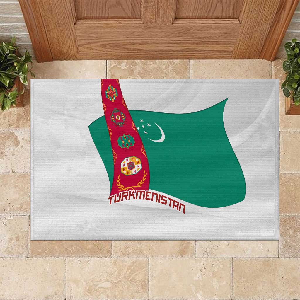 Turkmenistan Flag Rubber Doormat with National Emblem and Carpet Stripe Design