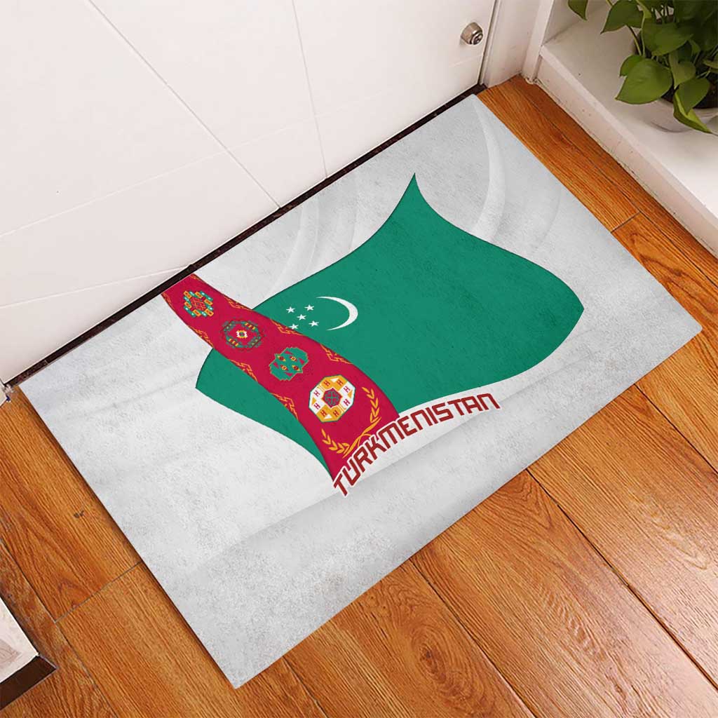 Turkmenistan Flag Rubber Doormat with National Emblem and Carpet Stripe Design