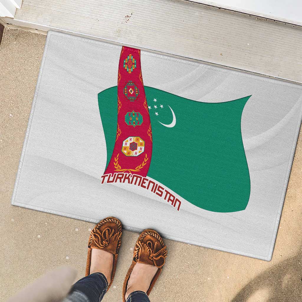 Turkmenistan Flag Rubber Doormat with National Emblem and Carpet Stripe Design