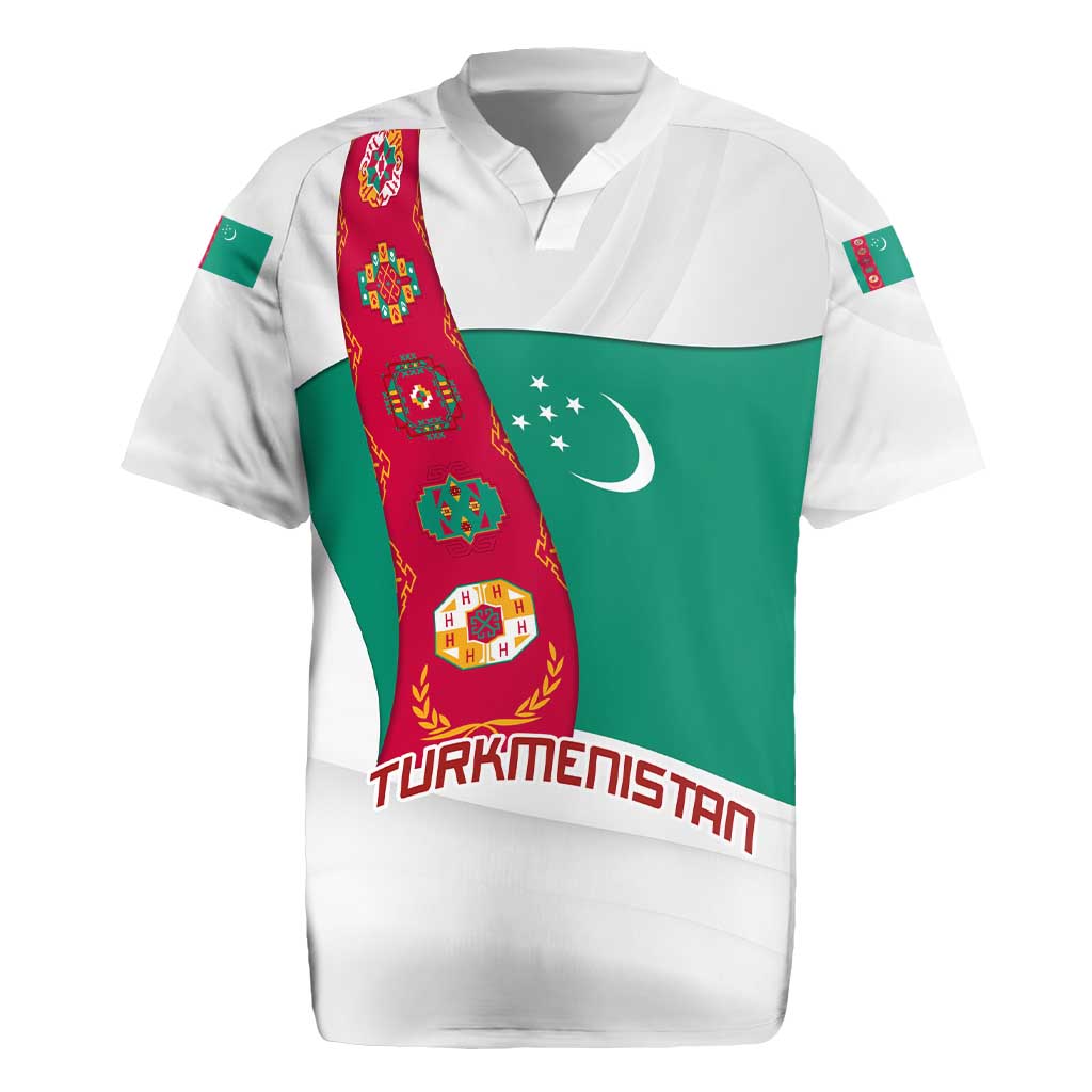 Turkmenistan Flag Rugby Jersey with National Emblem and Carpet Stripe Design