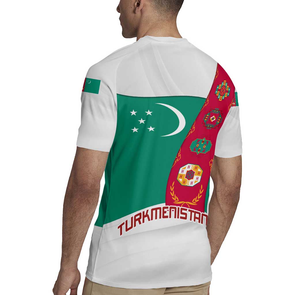 Turkmenistan Flag Rugby Jersey with National Emblem and Carpet Stripe Design