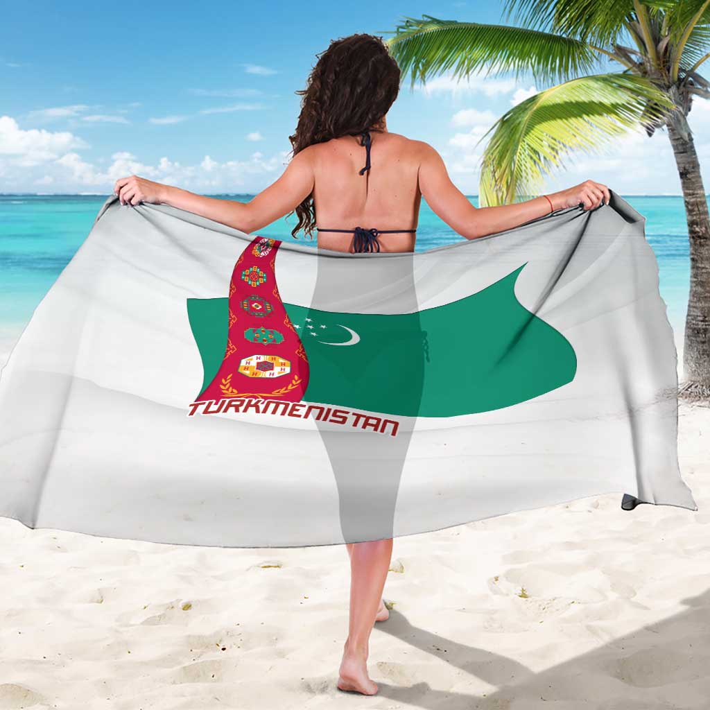Turkmenistan Flag Sarong with National Emblem and Carpet Stripe Design