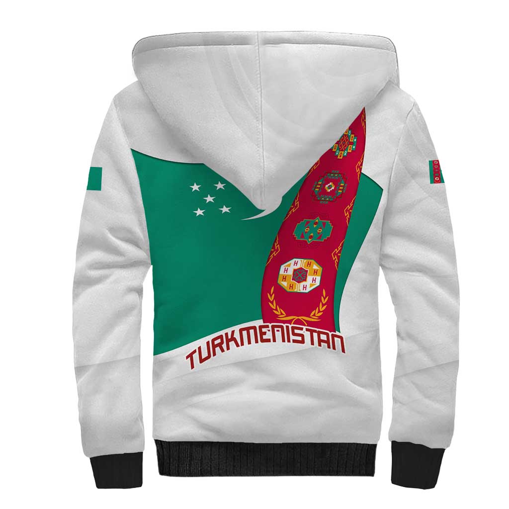 Turkmenistan Flag Sherpa Hoodie with National Emblem and Carpet Stripe Design
