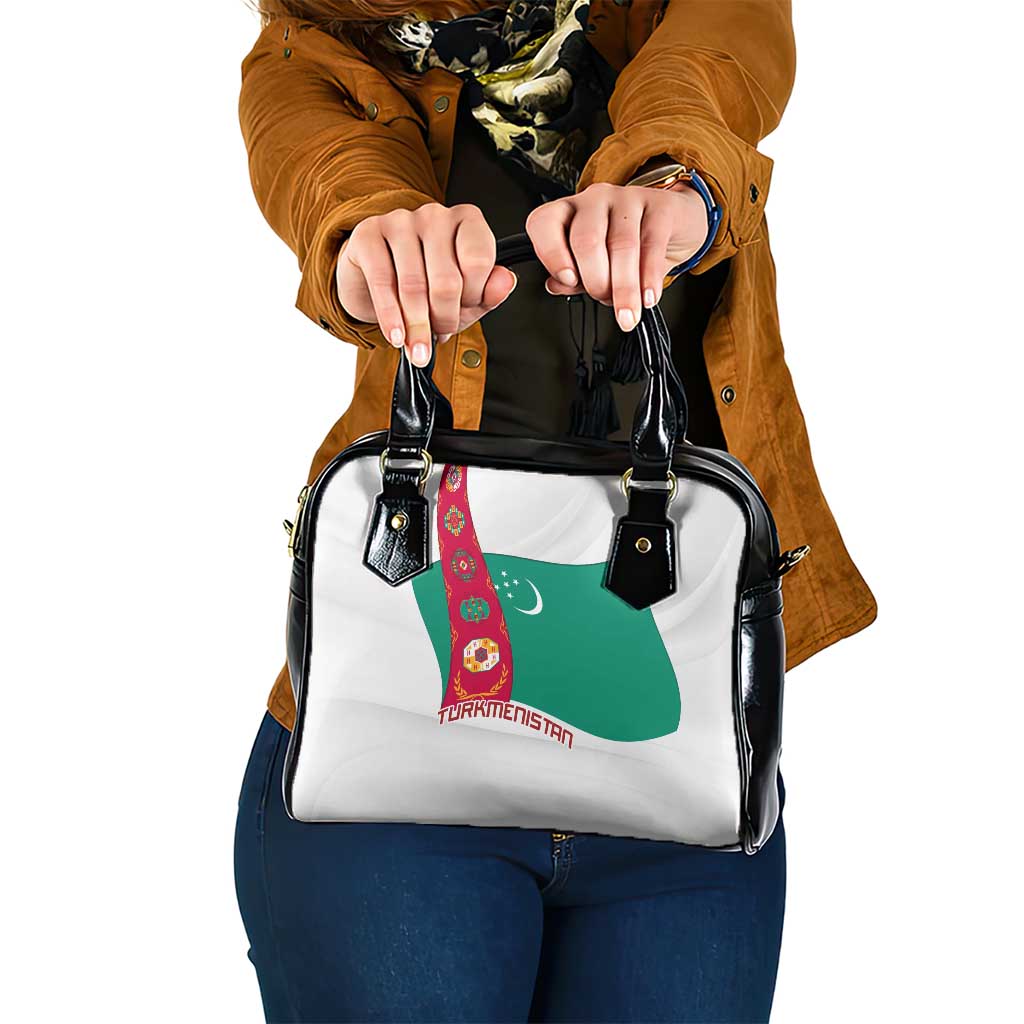 Turkmenistan Flag Shoulder Handbag with National Emblem and Carpet Stripe Design