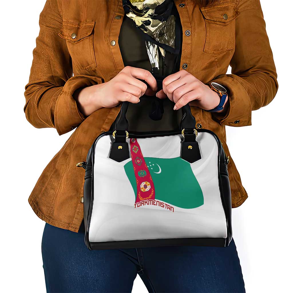 Turkmenistan Flag Shoulder Handbag with National Emblem and Carpet Stripe Design