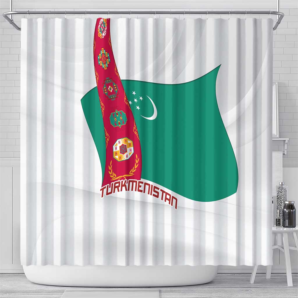 Turkmenistan Flag Shower Curtain with National Emblem and Carpet Stripe Design