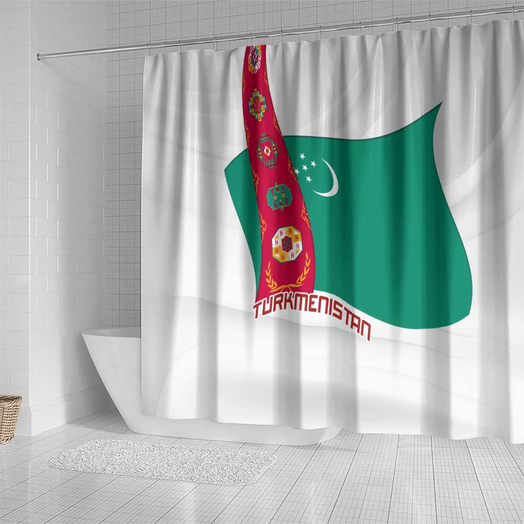 Turkmenistan Flag Shower Curtain with National Emblem and Carpet Stripe Design