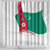Turkmenistan Flag Shower Curtain with National Emblem and Carpet Stripe Design