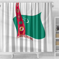Turkmenistan Flag Shower Curtain with National Emblem and Carpet Stripe Design
