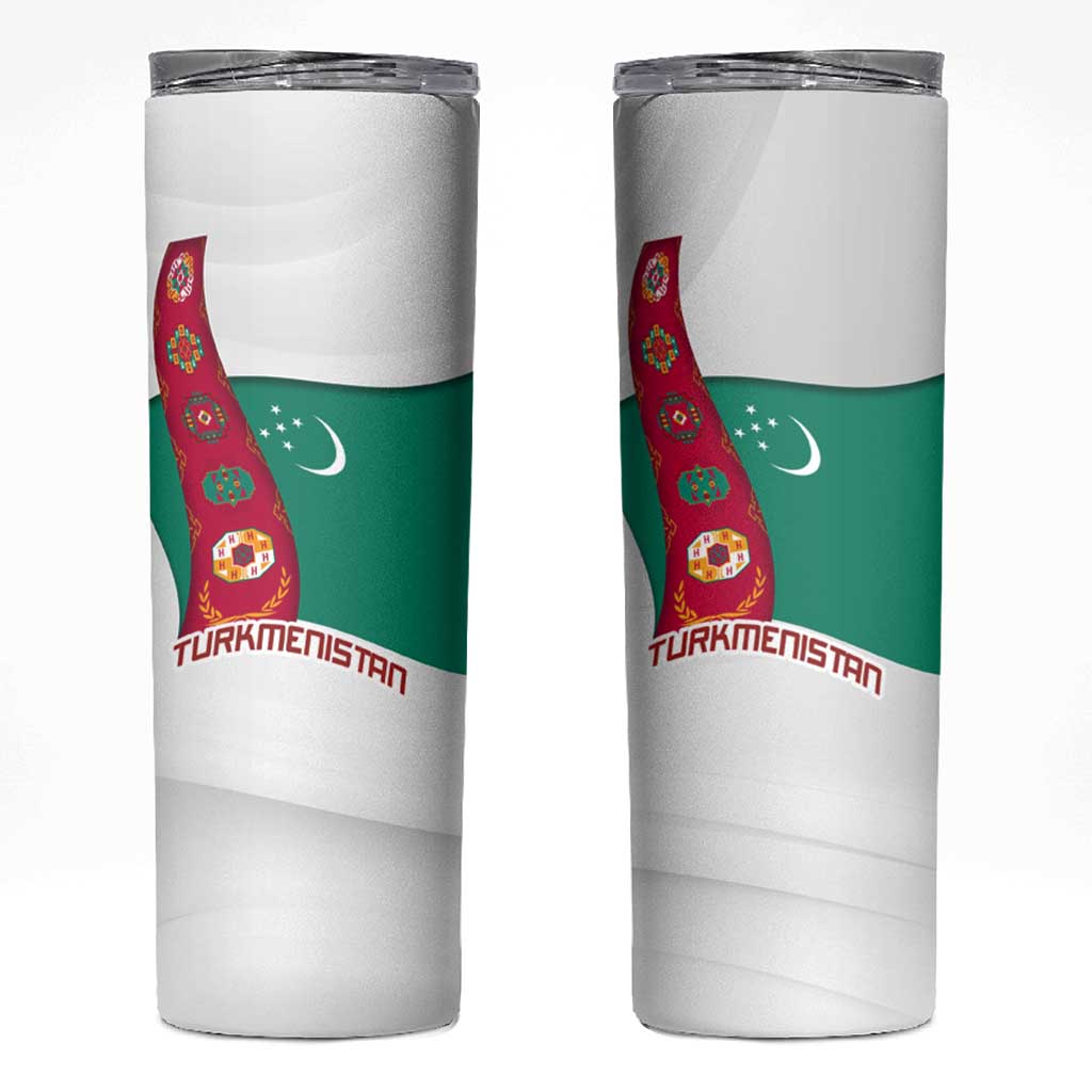 Turkmenistan Flag Skinny Tumbler with National Emblem and Carpet Stripe Design